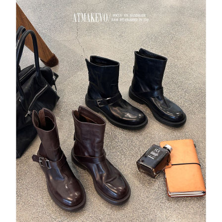 吕小布 | 水洗马丁靴女 意式手工真皮打蜡机车靴后拉链西部短靴子