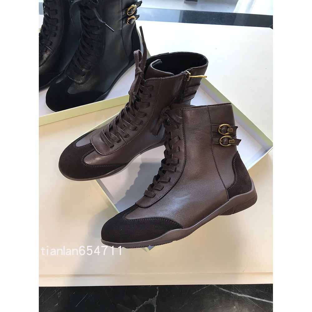 时髦法式时装靴~极简有范！羊皮拼牛反绒圆头短靴系带平跟瘦瘦靴主图