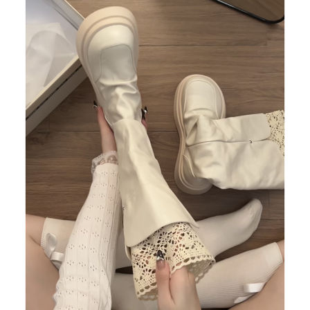 白色复古英伦风增高厚底靴子女长筒靴2025新款秋季配裙子骑士长靴