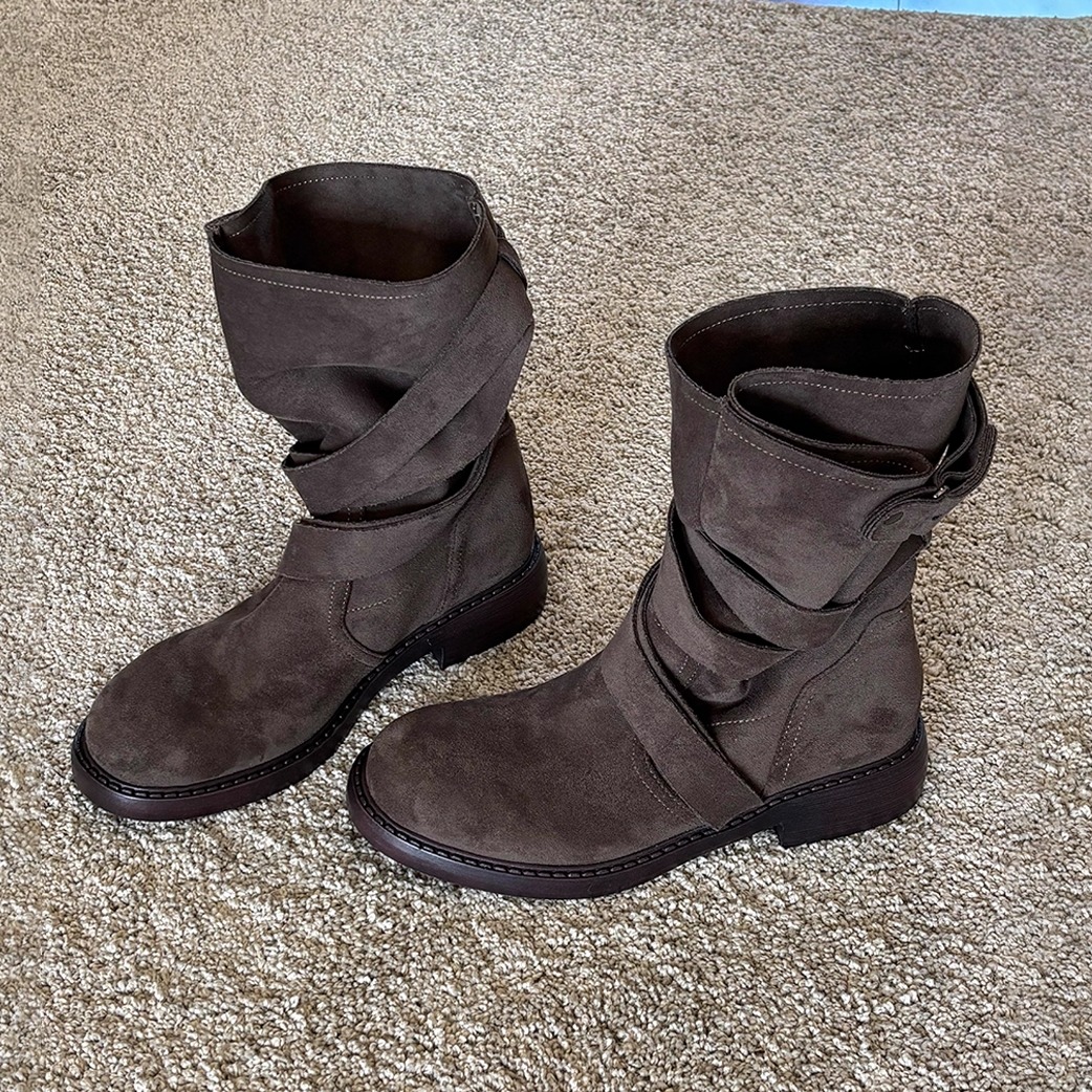 牛皮版~复古美拉德厚底西部靴女交叉带扣绒面软皮舒适秋冬骑士靴主图