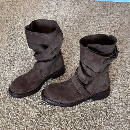 牛皮版~复古美拉德厚底西部靴女交叉带扣绒面软皮舒适秋冬骑士靴