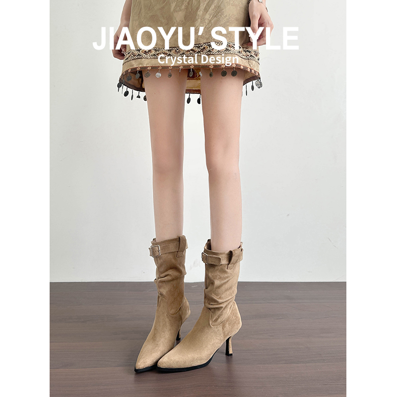 真皮~骄屿尖头细高跟短靴女秋冬新款褶皱堆堆靴皮带扣气质瘦瘦靴主图