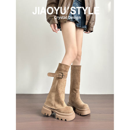 真皮~骄屿皮带扣堆堆裤管靴女秋冬复古骑士长筒靴粗跟两穿机车靴