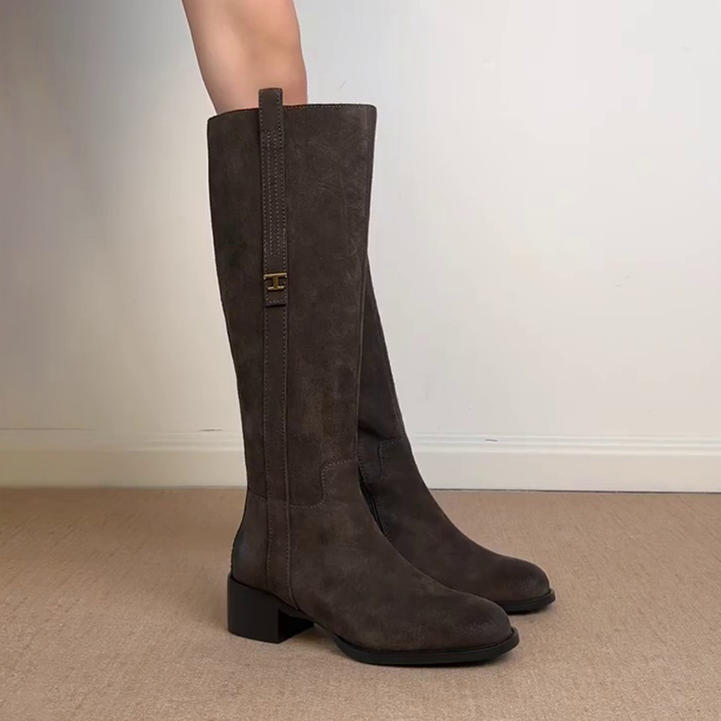 牛皮版~复古显瘦高筒骑士靴女侧拉链粗跟长筒靴圆头气质不过膝靴主图
