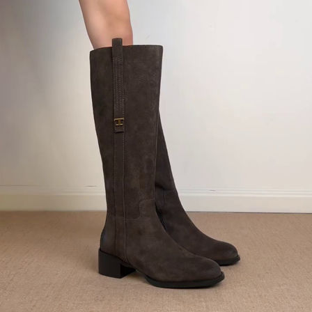 牛皮版~复古显瘦高筒骑士靴女侧拉链粗跟长筒靴圆头气质不过膝靴