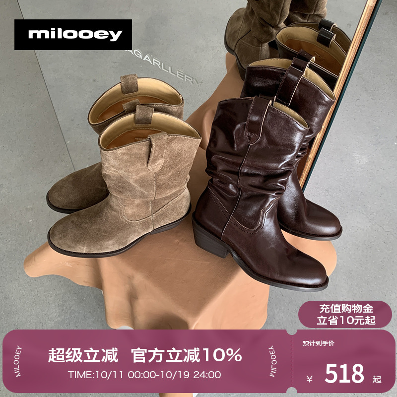 迷失麋鹿【口袋堆堆靴】 复古褶皱西部靴秋冬新款高跟真皮靴子女主图