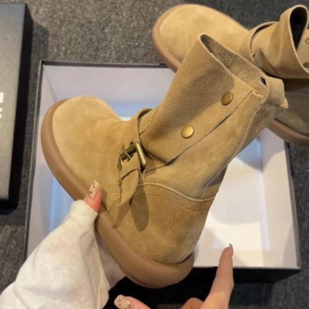 羊皮版~韩版风两穿翻着勃肯厚底堆堆靴女英伦风时尚真皮马丁短靴