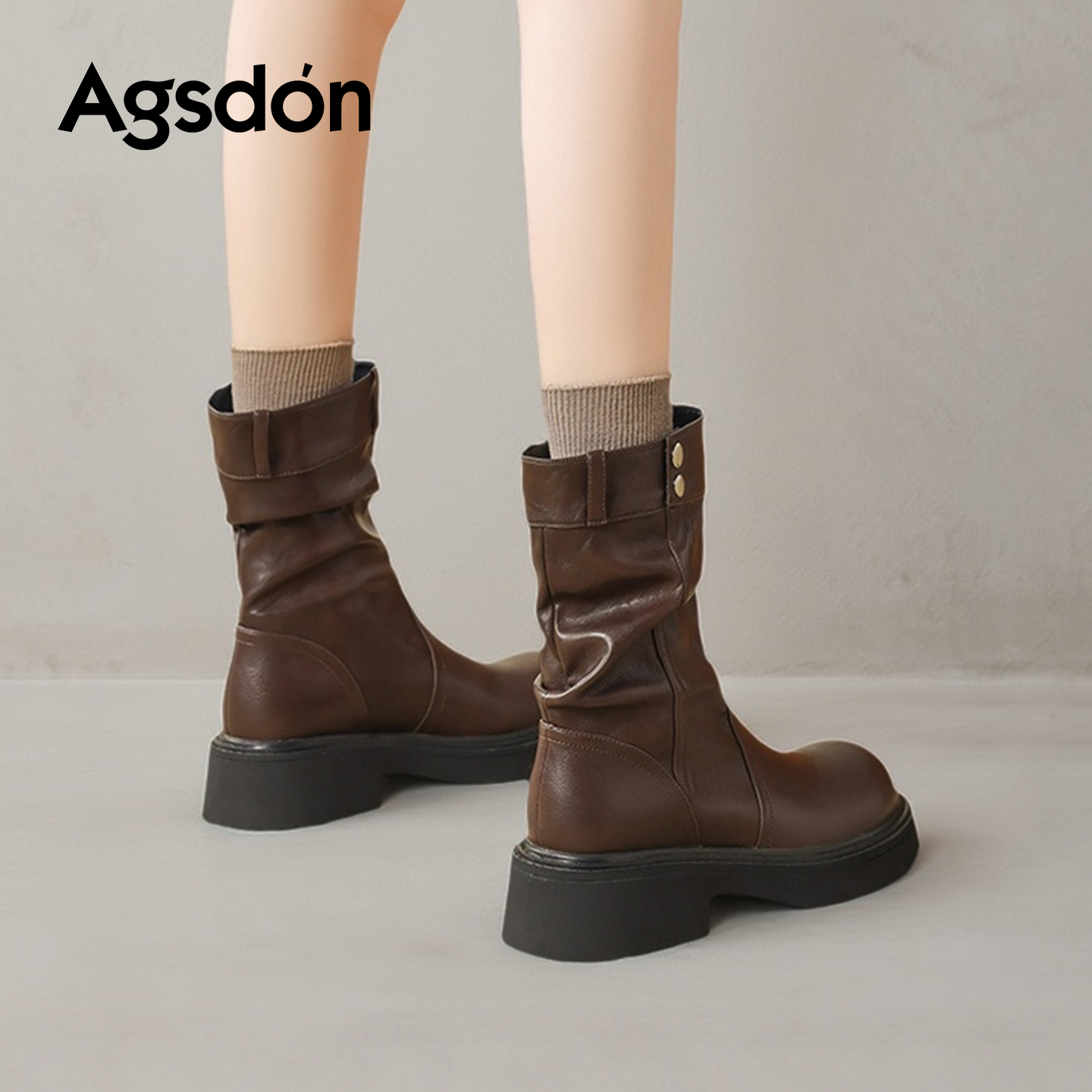 奥古狮登棕色短靴女2025新款秋冬季厚底中筒美拉德西部马丁靴子爆主图