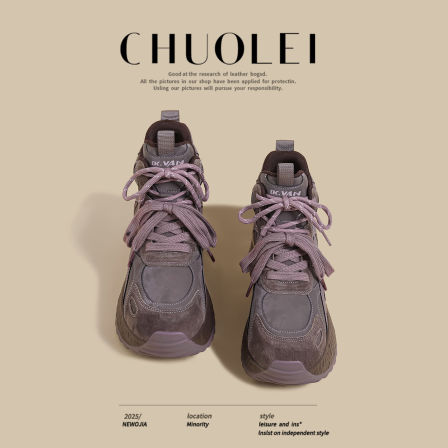 2025秋季新款厚底老爹鞋女紫色高帮双鞋带阿甘潮鞋运动华夫休闲鞋