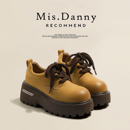 Misdanny~增高7cm黄色厚底小皮鞋女2025新款擦色松糕德比马丁单鞋