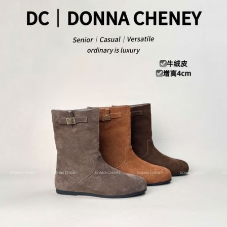 DONNA CHENEY牛皮版瘦瘦靴2025秋冬薄绒韩版复古百搭短靴