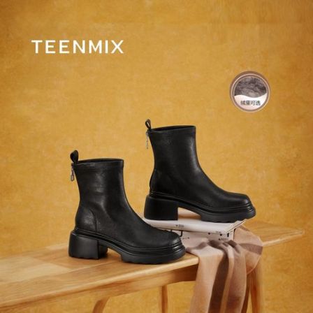 【百丽集团天美意】流光风25冬新款厚底保暖白色靴子女短靴BL691DD5