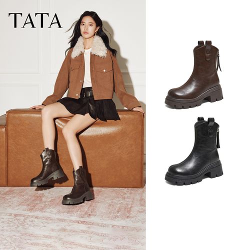 【买一送一】TATA他她2025冬新款商场同款复古厚底时装短靴CE401DZ5主图