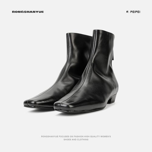 Rongshanyue软糖瘦瘦靴法式2025新款方头粗跟洋气小短靴女B1452主图