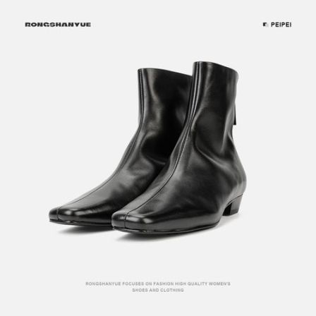 Rongshanyue软糖瘦瘦靴法式2025新款方头粗跟洋气小短靴女B1452