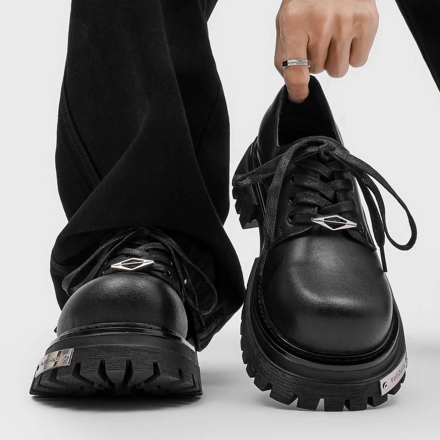 cleanfit德比鞋男士通勤潮款休闲厚底增高工装鞋黑色米奇大头皮鞋主图