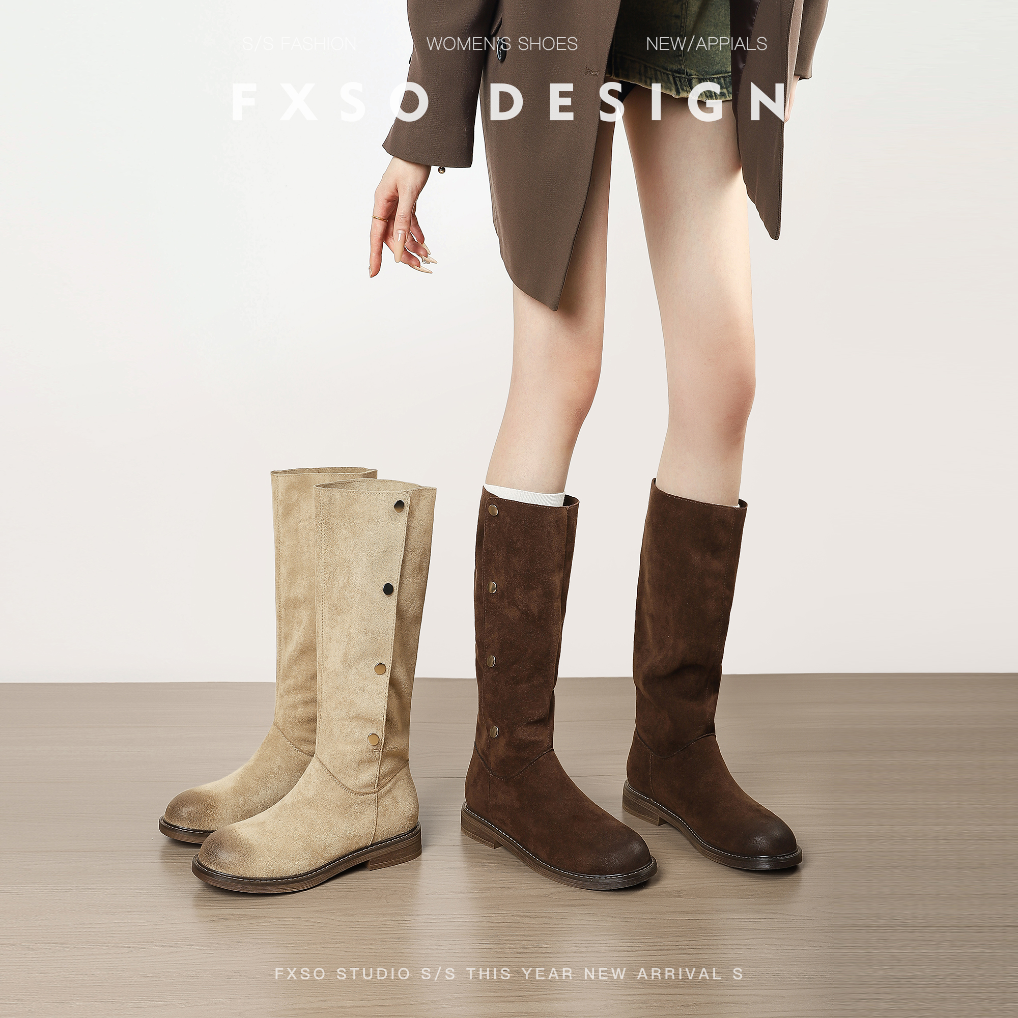 真皮版方巷大叔复古粗跟西部牛仔靴女圆头显瘦堆堆靴不过膝长靴子主图