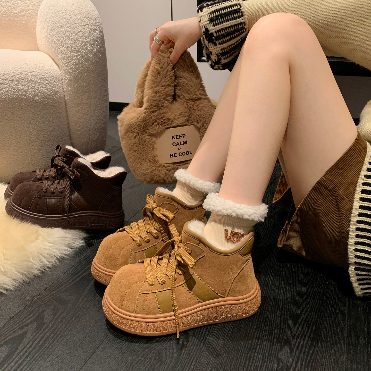 「稳叔」松果豚豚～羊毛雪地靴女2025冬季加绒加厚新款厚底棉鞋女主图