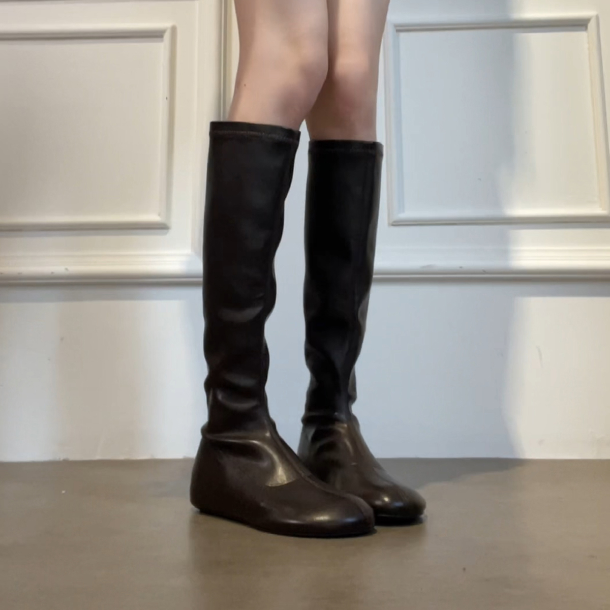 牛皮版~长筒靴女复古简约后拉链弹力瘦瘦靴内增高圆头显瘦时装靴主图