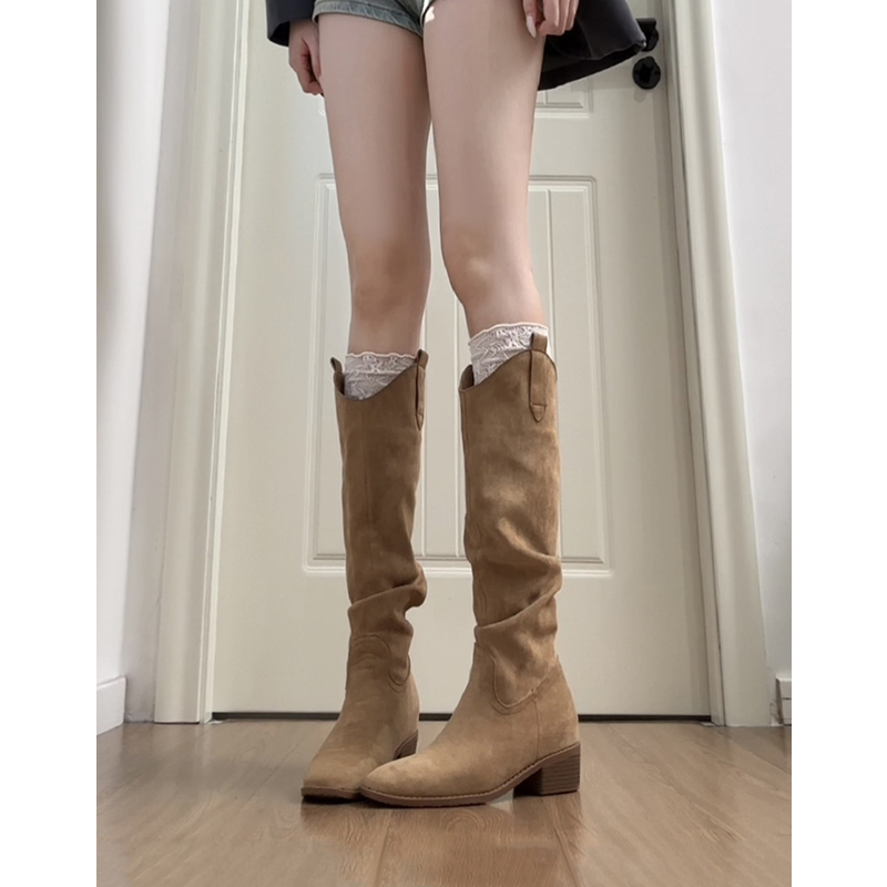 牛皮版~真皮小个子内增高8cm长筒靴女褶皱堆堆靴骑士靴西部牛仔靴主图