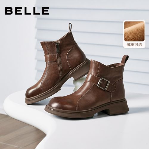 百丽复古加绒时装靴女鞋25冬季新品商场同款厚底增高百搭真皮短靴主图