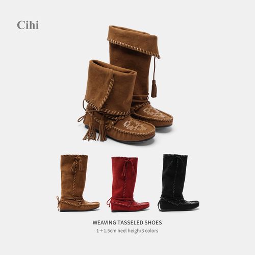 Cihi'Idyll' 松弛美学 编织流苏多穿堆堆中筒靴主图