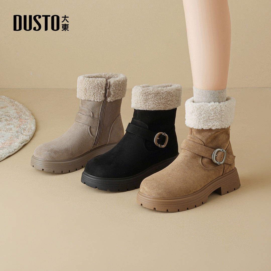 大东女鞋加绒保暖棉靴2025秋冬棕色厚底增高防滑短筒时装靴子0601主图