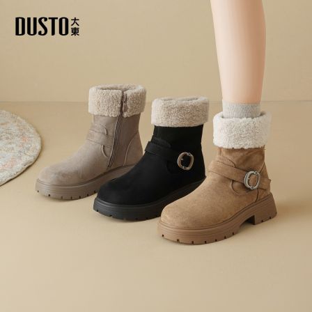 大东女鞋加绒保暖棉靴2025秋冬棕色厚底增高防滑短筒时装靴子0601