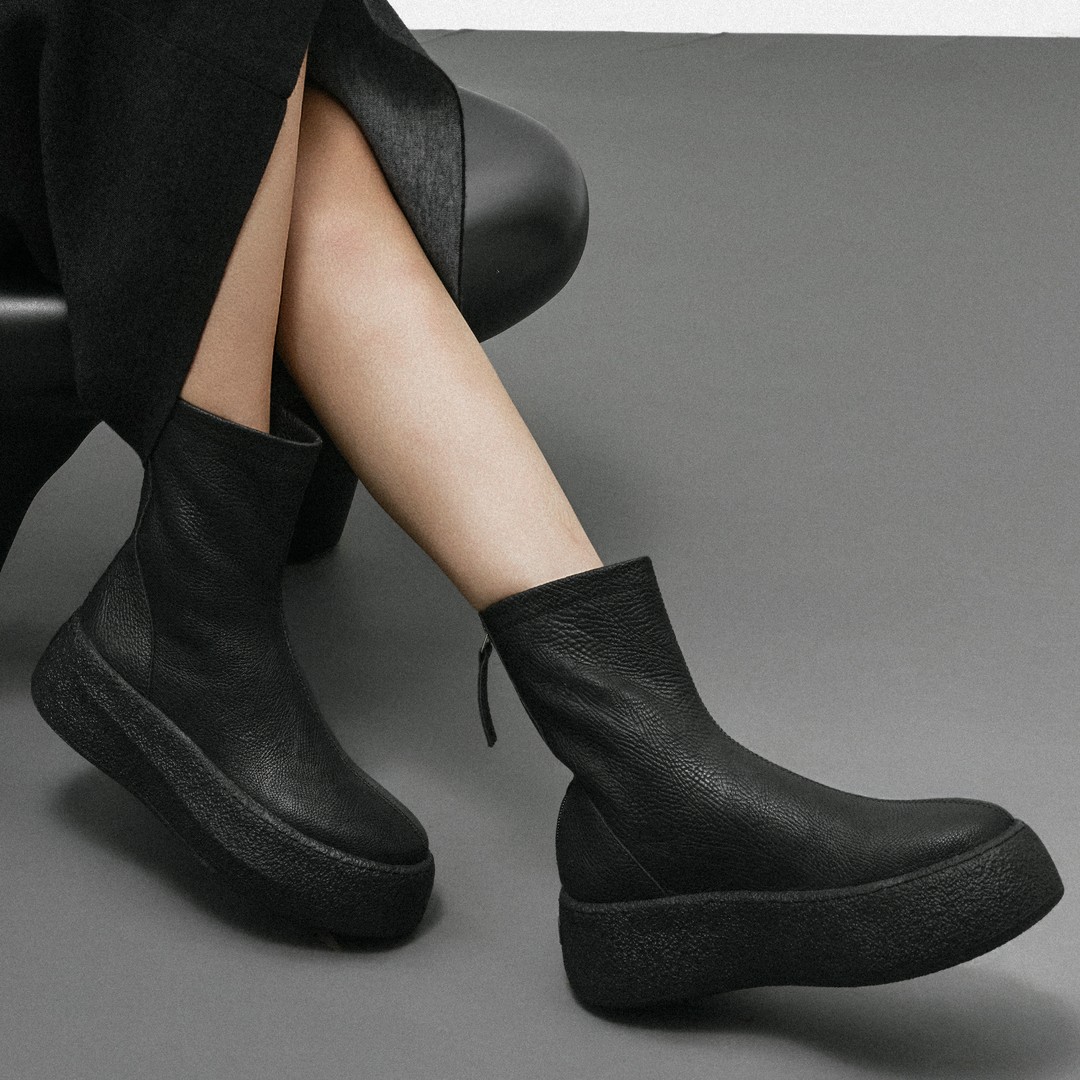 D2527 拉链时尚短靴黑色厚底防水台圆头袜靴百搭中筒舒适休闲主图
