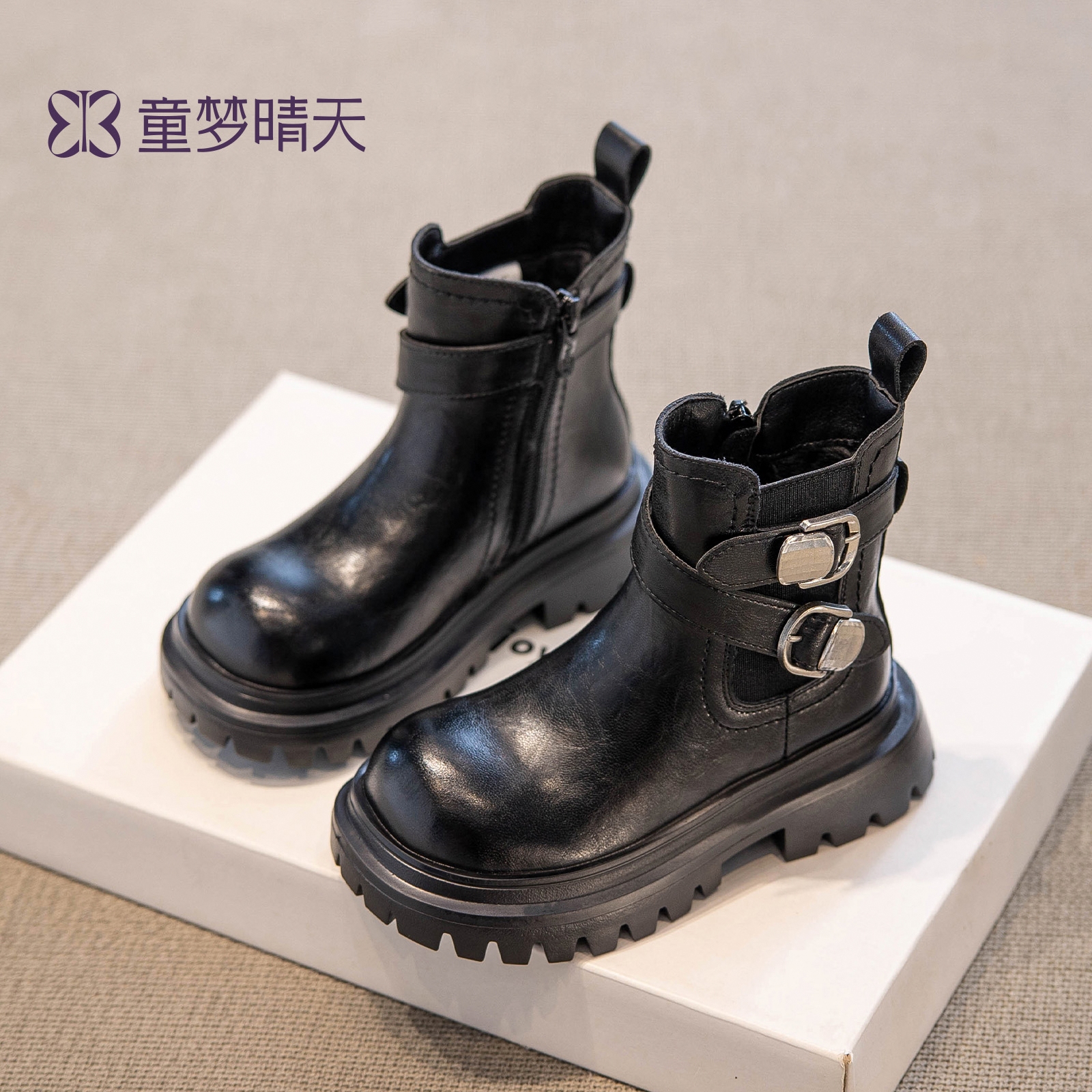 童梦晴天儿童马丁靴洋气2025新款秋季小靴子女童短靴黑色皮鞋单靴主图