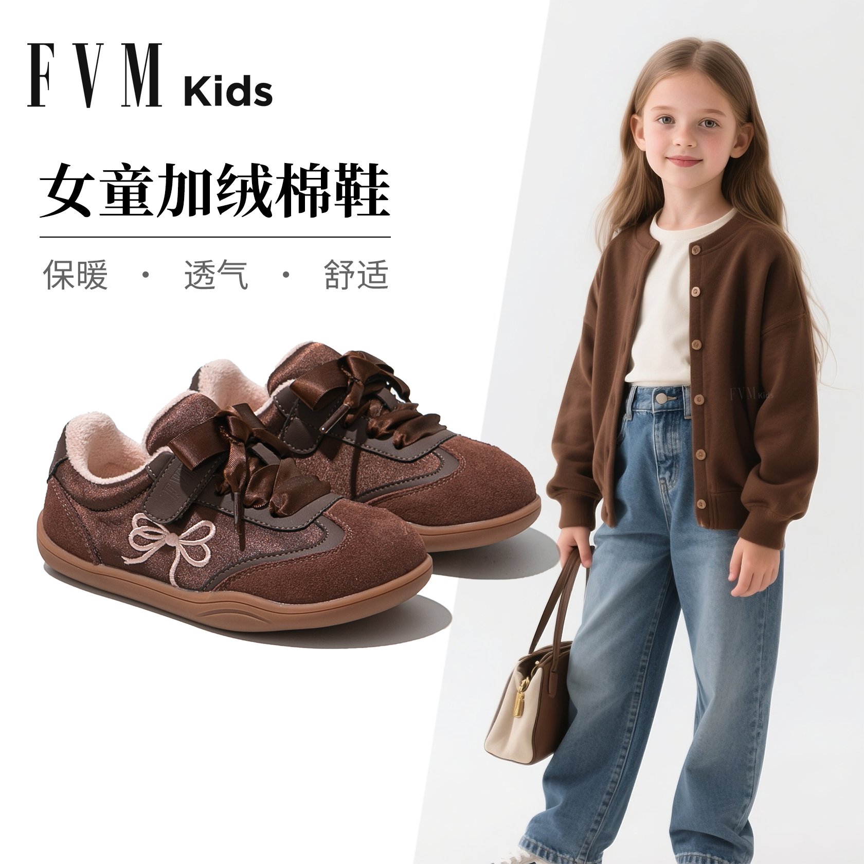 女童鞋子儿童二棉鞋2025新款冬季加绒保暖运动德训板鞋棕色美拉德主图