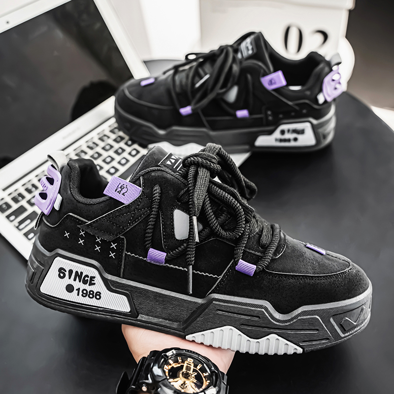 秋季男鞋2025新款潮牌高级感厚底休闲板鞋青少年黑色软底增高潮鞋主图