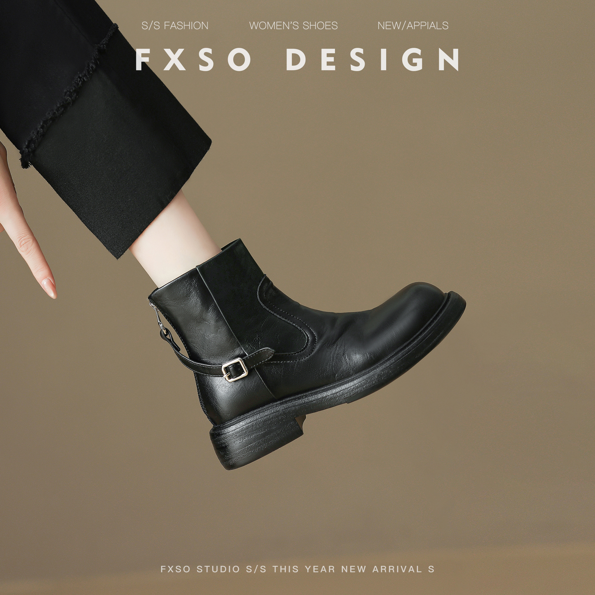 真皮版方巷2025秋冬新款皮带扣骑士马丁靴女爆款粗跟圆头短筒靴女主图