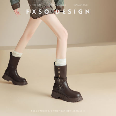 真皮版方巷2025秋冬新款皮带扣骑士马丁靴女爆款搭扣两穿短筒靴女