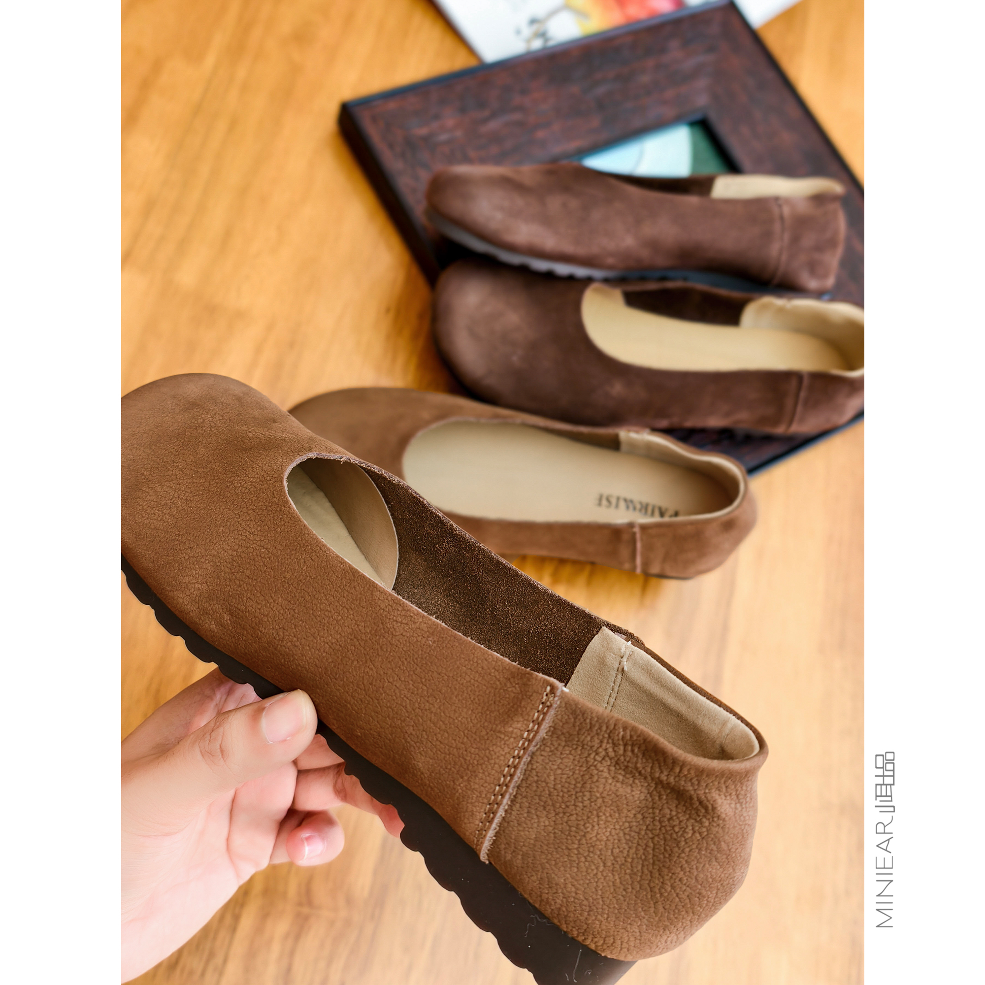 小耳出品 头层牛皮+真皮 圆头百搭浅口平底鞋防滑橡胶底一脚蹬女主图