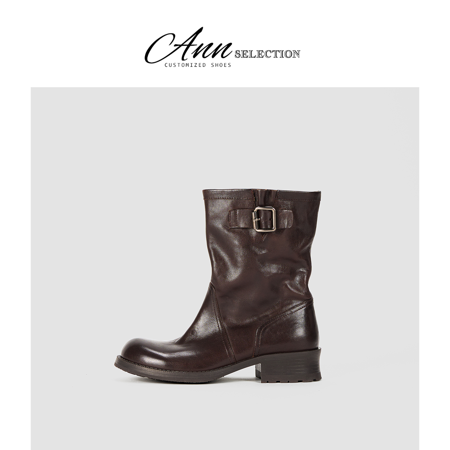 ANN复古棕色短靴女2025年秋冬新款粗跟马丁靴显瘦皮带扣机车靴子主图