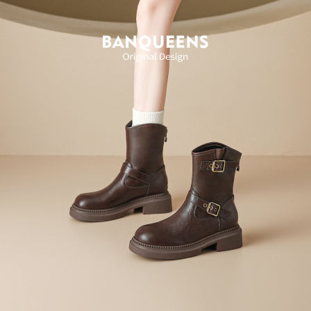 真皮半曲英伦风巨好看马丁靴女款2025秋季新款平底圆头黑色短靴子