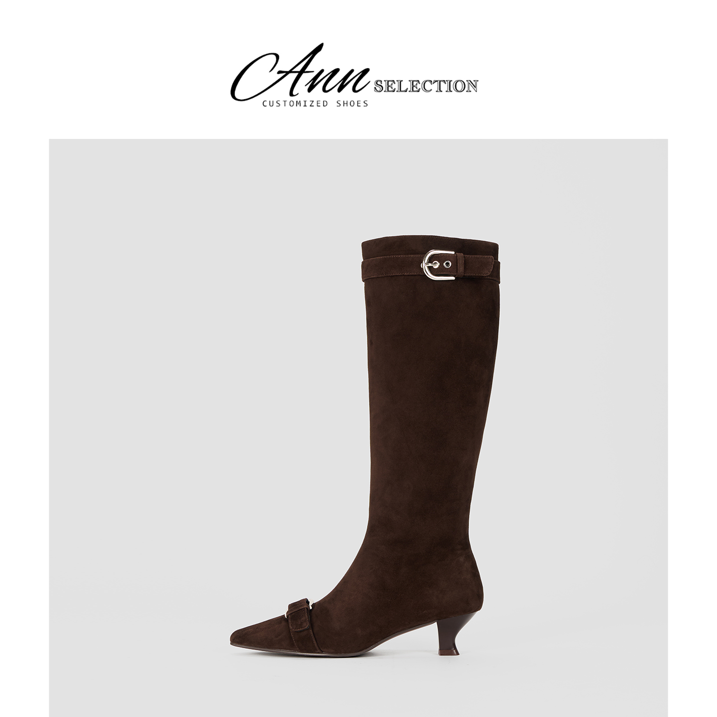 ANN复古皮带扣不过膝长靴女2025年秋冬新款尖头长筒靴高跟骑士靴主图