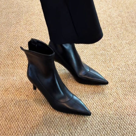 羊皮版~法式气质高跟靴后拉链细跟弹力瘦瘦靴女通勤尖头短靴单靴