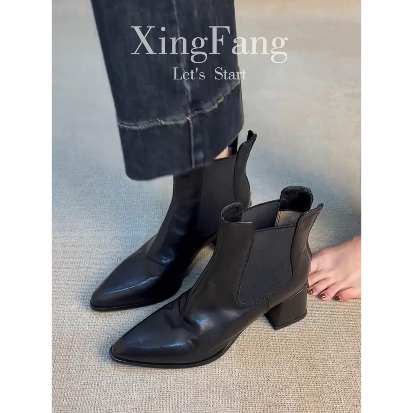 牛皮版~英伦风复古高跟切尔西短靴女新款百搭显瘦粗跟尖头马丁靴主图