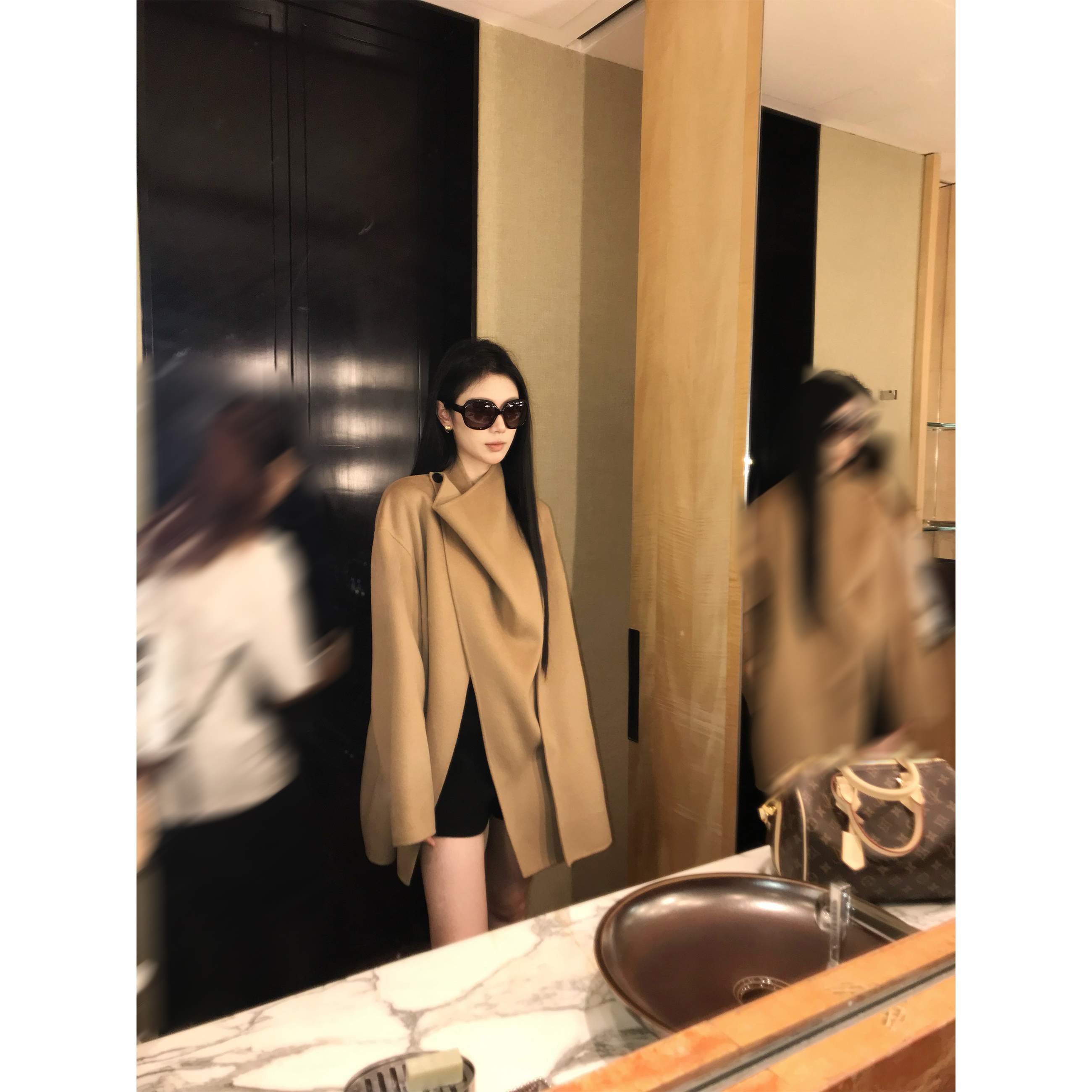 5werkwen 山本斗篷2.0|山羊绒高支定染驼  荡领多穿短双面呢大衣主图