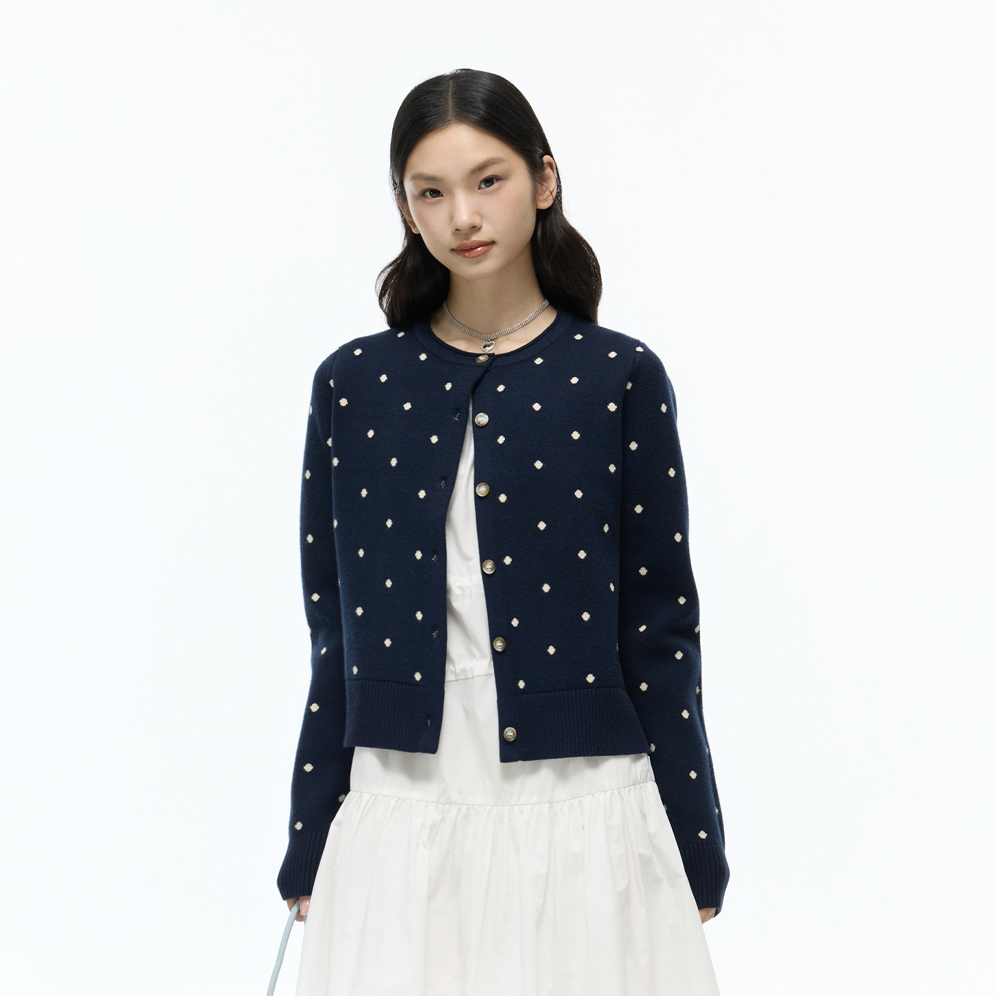 SAME OLD藏蓝色新款复古波点满印毛衣针织开衫女外套百搭显瘦上衣主图