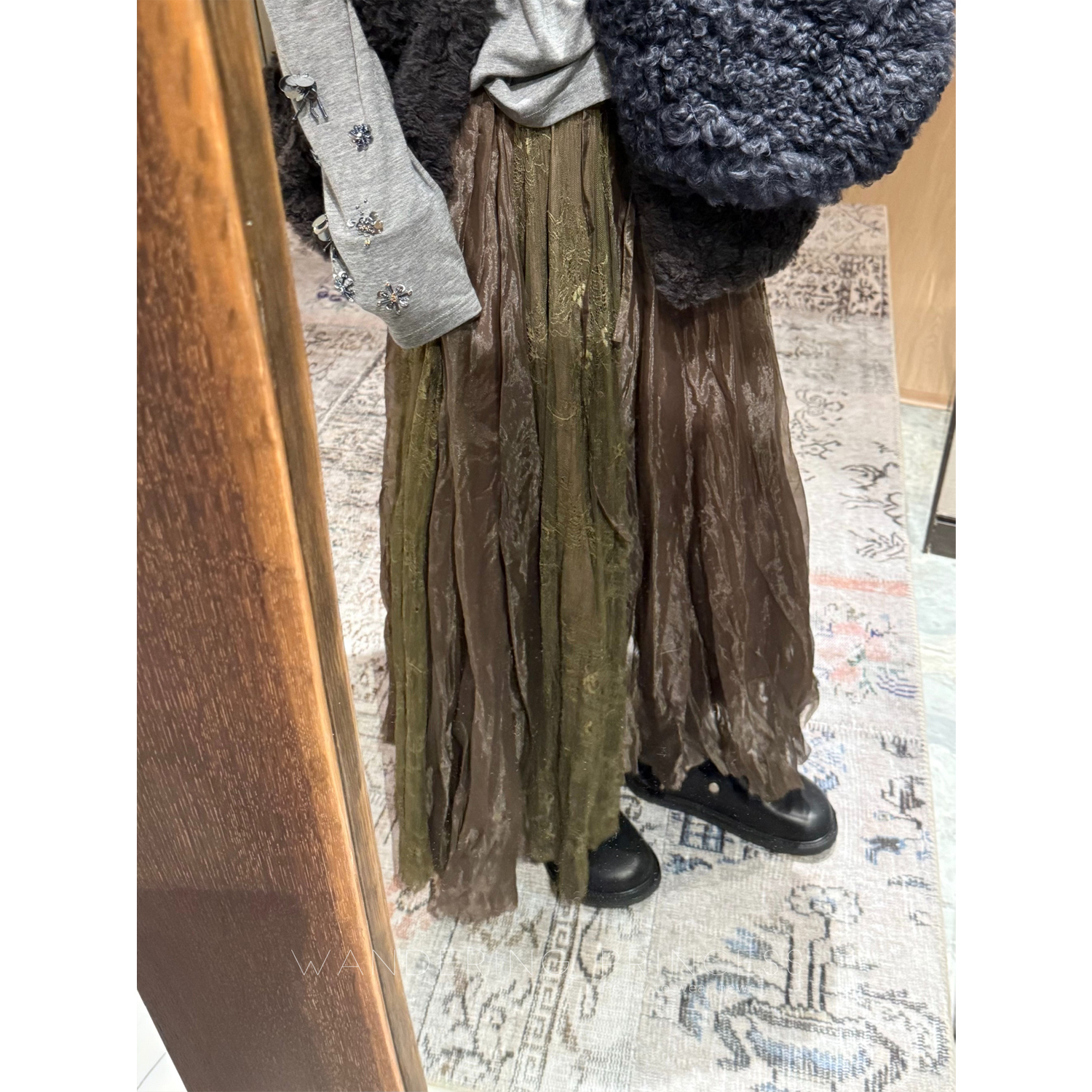 钱美西 9米用料植物染色蕾丝拼接褶皱纱裙A字百搭显瘦大裙摆半裙主图