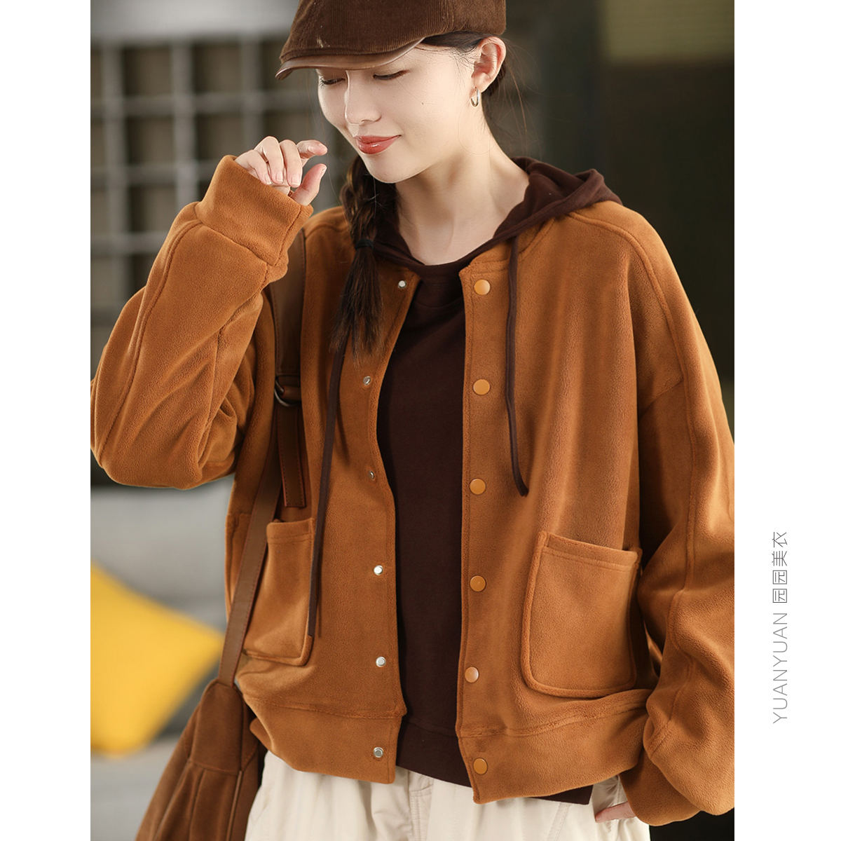 园园美衣秋冬加厚卫衣外套女双面奥利绒外搭圆领单排扣开衫上衣主图