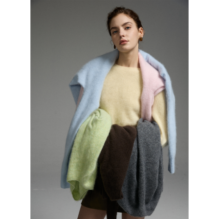 猫酱紫羊毛山羊绒混纺无缝一体拉毛毛衣