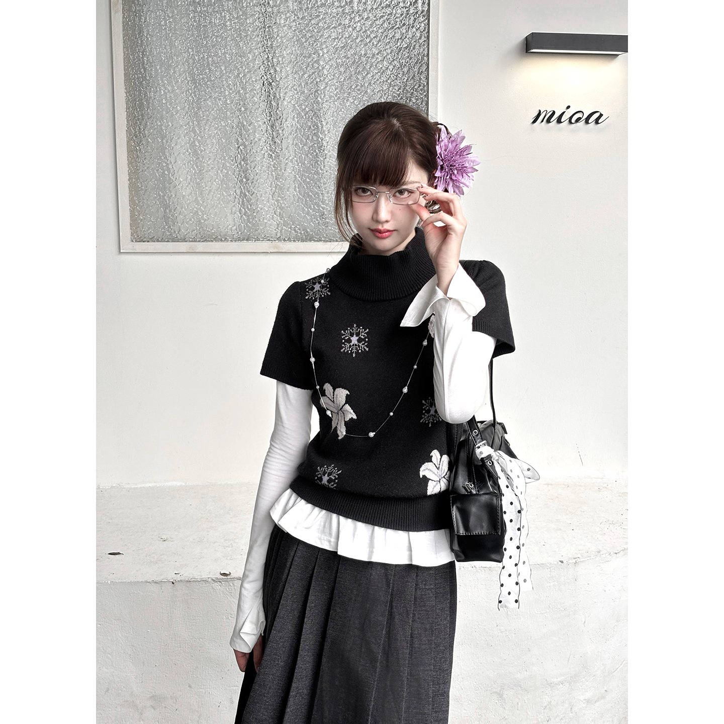 【梗豆物语】雪霁百合*昭和少女 半高领针织短袖显瘦女秋冬套装主图