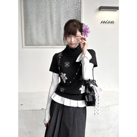 【梗豆物语】雪霁百合*昭和少女 半高领针织短袖显瘦女秋冬套装