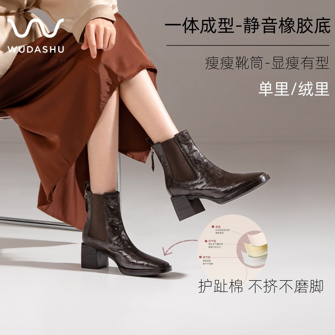 吴大叔【护趾棉+静音底】复古手抓羊皮方头粗跟短靴保暖切尔西靴女主图