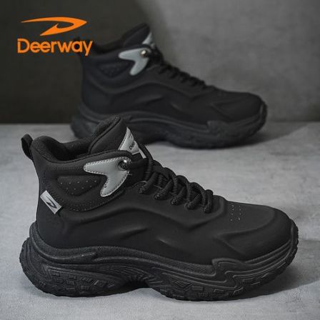 德尔惠高帮男鞋秋季新款厚底户外防滑工装靴黑色休闲百搭潮鞋