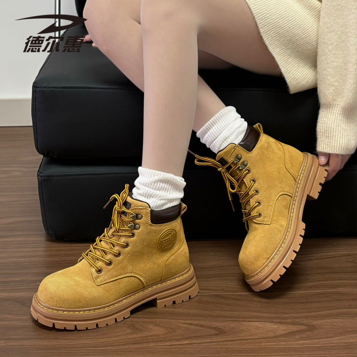 德尔惠马丁靴英伦风2025新款秋季复古厚底增高百搭情侣大黄工装靴主图